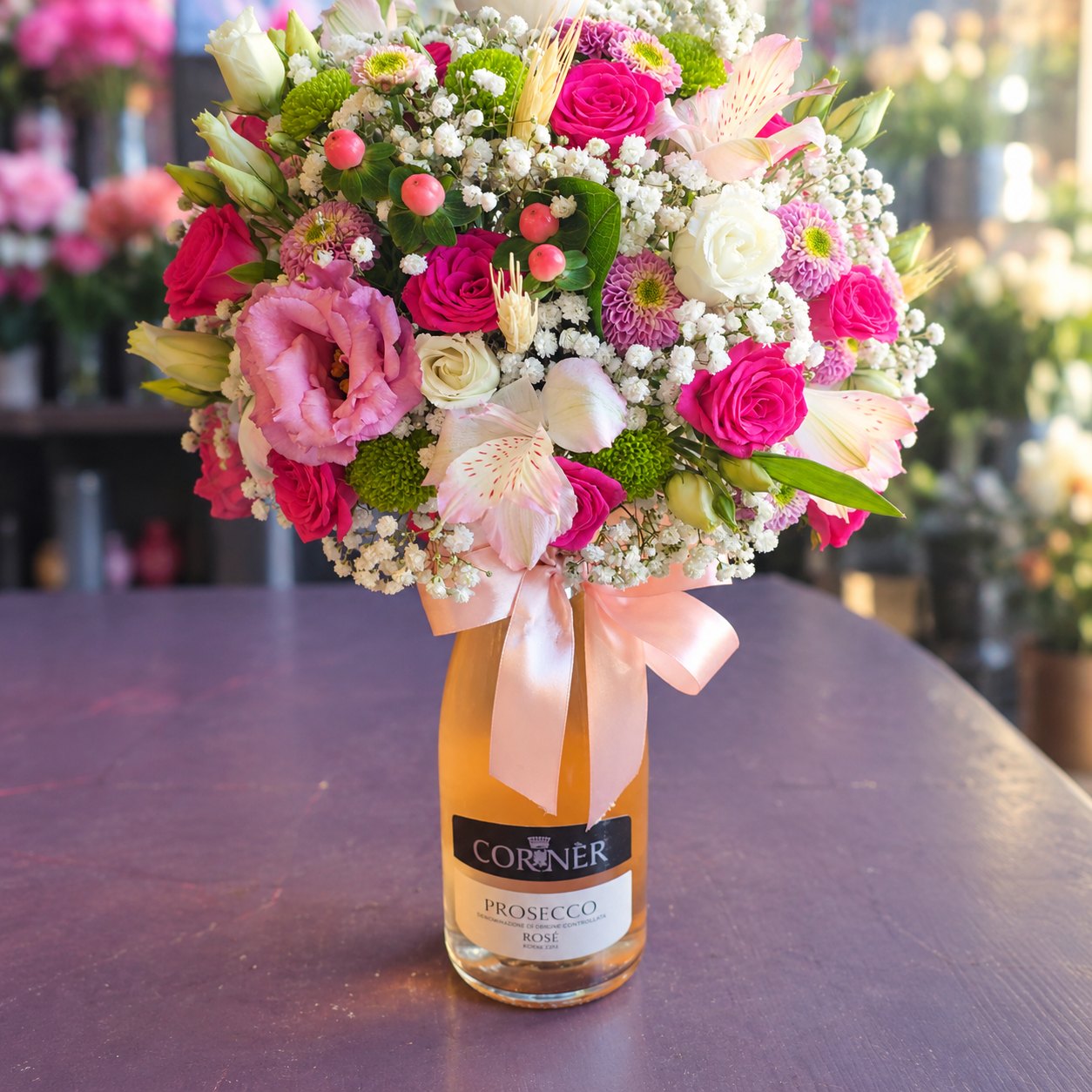 buchet panglica roz si prosecco